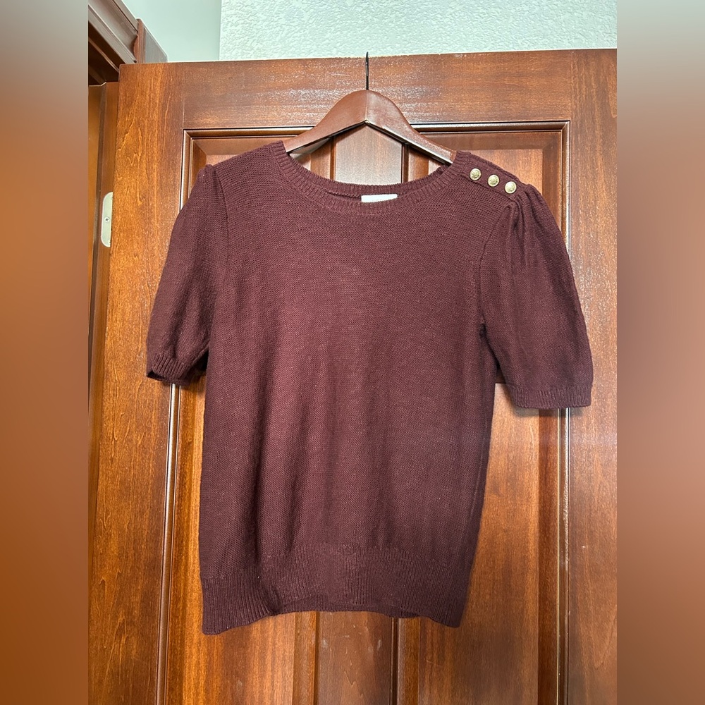LOFT Burgundy Puff Sleeve Knit Top Gold Button Shoulder Size M